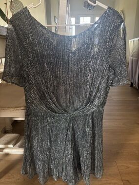 Metallic Gray Short-Sleeve Twist-Front Jumpsuit Romper